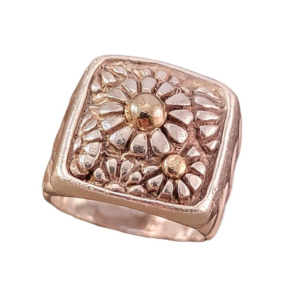Sterling & 14k Flower Motif Signet Style  Ring